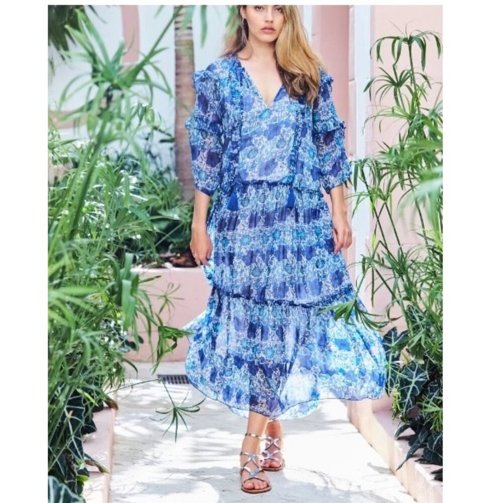 Debbie Katz Chiffon Midi Dress SMALL (4-6) Blue Paisley Tiered Flowy Boho $105 - Picture 2 of 10